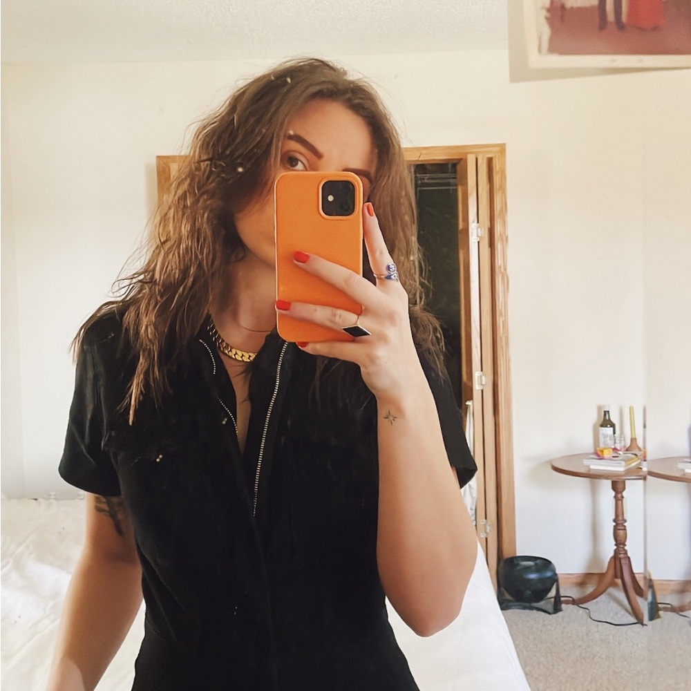 Good American Black Button Down Short Sleeve Shirt